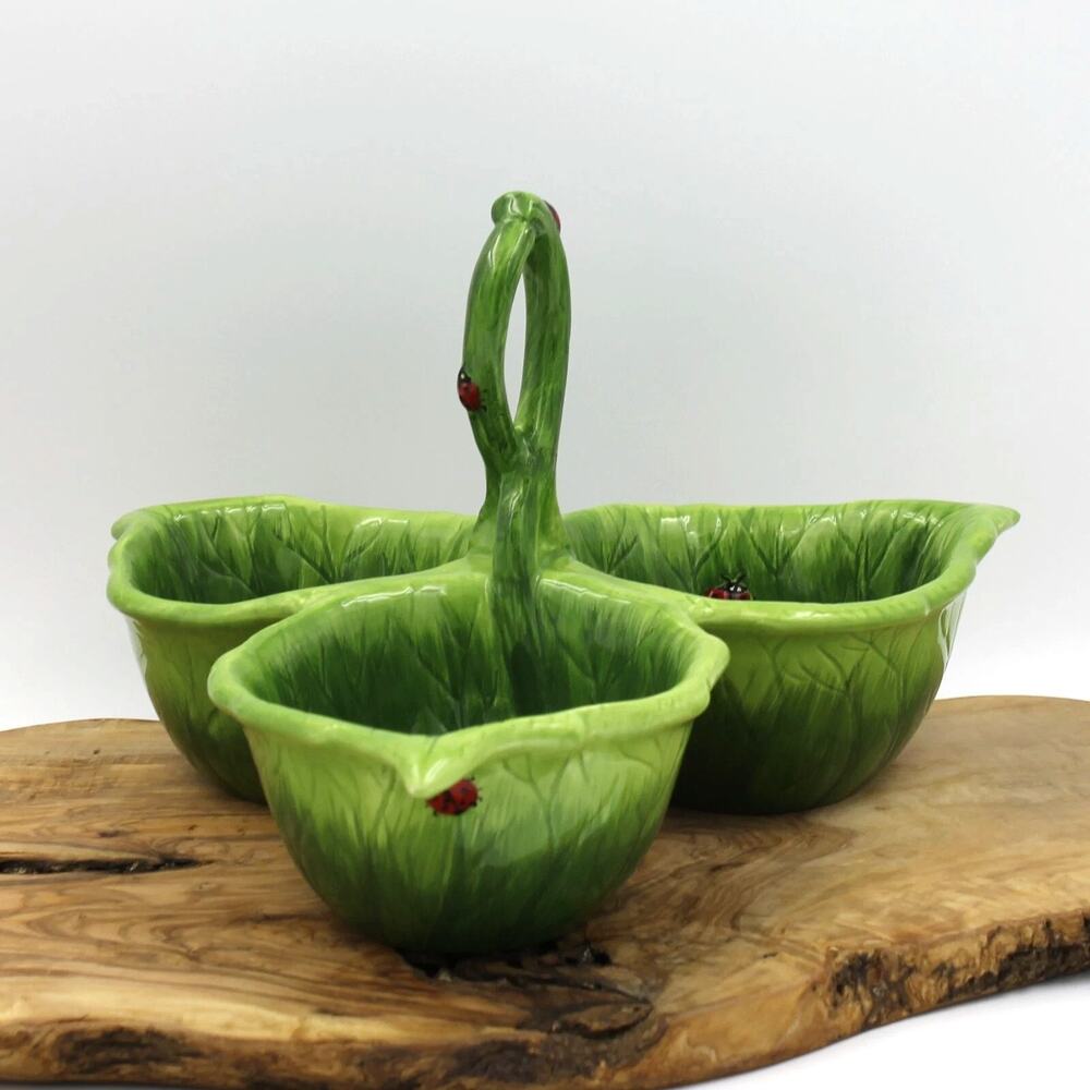 Pier 1 Imports 3 Section Ceramic Green Leaf Serving Dish w/ Handle "Ladybug" EUC